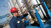Employé de BASF avec une combinaison bleue et un casque de sécurité rouge effectuant l’entretien Employé de BASF avec une combinaison bleue et un casque de sécurité rouge effectuant l’entretien