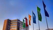 Colorful BASF flags at the Münster site Colorful BASF flags at the Münster site