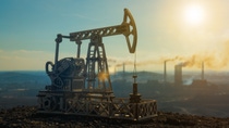 Oil pumping pump tower on the background of smoking plants. Natural resource extraction, fuel Oil pumping pump tower on the background of smoking plants. Natural resource extraction, fuel