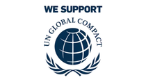 Logo of the United Nations Global Compact with a globe symbol and laurel branches, accompanied by the text “We Support UN Global Compact.