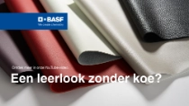 Several material samples in different colors (red, grey, white, black) with a leather-like appearance are layered on top of each other. The text reads: "Leather look without the cow?" Several material samples in different colors (red, grey, white, black) with a leather-like appearance are layered on top of each other. The text reads: "Leather look without the cow?"