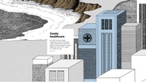 Infographic on costly healthcare with a depiction of a city bordering on a coastline. 