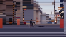 Person riding a bicycle through the city, background distorted Person riding a bicycle through the city, background distorted