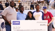 BASF employees present $2,500 scholarships to Southern University mechanical engineering students Alasiah Floyd and Darryl Moses, Jr. Pictured from left are BASF employee Rod Hill; scholarship recipients Alasiah Floyd and Darryl Moses, Jr.; BASF employee Wayne Hamilton; and Southern University’s Director of Career Services, Tamara Montgomery.