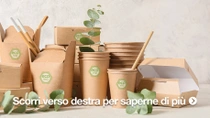 L’immagine mostra una varietà di prodotti eco-compatibili per il confezionamento degli alimenti, realizzati con materiali marroni e biodegradabili. La confezione porta il logo “ecovio”. Ci sono foglie verdi sparse tra gli oggetti. 