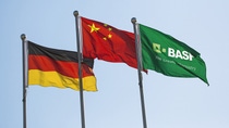 Flags at a BASF water treatment and paper chemicals plant, the first wholly-owned BASF plant in Nanjing. This multi-business unit production site consists of flocculants, tert-Butylamine (tBA) and other utility plants.