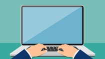 Laptop and hands on the keyboard. Vector illustration in flat style Laptop and hands on the keyboard. Vector illustration in flat style