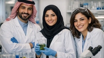 Three smiling lab employees in white coats hold a beaker with green liquid; laboratory equipment in the background.