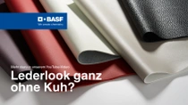 Mehrere Materialproben in verschiedenen Farben (rot, grau, weiß, schwarz) in lederähnlicher Optik liegen übereinander. Der Text lautet: „Lederlook ganz ohne Kuh?" Mehrere Materialproben in verschiedenen Farben (rot, grau, weiß, schwarz) in lederähnlicher Optik liegen übereinander. Der Text lautet: „Lederlook ganz ohne Kuh?"