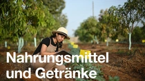 Eine Landwirtin mit Latzhose und Hut hält ein Tablet und untersucht Pflanzen auf einem sonnigen Feld. Der Text auf dem Bild lautet: „Nahrungsmittel und Getränke.“