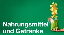 Eine Hand hält eine geöffnete grüne Chipstüte vor grünem Hintergrund, aus der Chips nach oben fliegen, mit einem leuchtenden abstrakten Lichteffekt an der Öffnung. Der Text lautet: „Food & Drink."