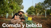Una agricultora, con mono y sombrero, sostiene una tableta y examina las plantas en un campo en un día soleado. En el texto de la imagen pone: “Alimentos y bebidas”.