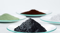 Precursor cathode active materials (green and brown powder), lithium carbonate (white powder) and cathode active materials (black powder). Precursor cathode active materials (green and brown powder), lithium carbonate (white powder) and cathode active materials (black powder).