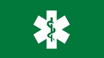 White medical star of life with a snake and staff on a green background, representing health care, and medical support.