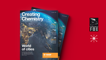 Cover of the Creating Chemistry magazine lies on a colored background