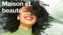 Une femme souriante aux cheveux noirs bouclés. Le texte de l'image indique : « Entretien de la maison et produits d’hygiène ». Une femme souriante aux cheveux noirs bouclés. Le texte de l'image indique : « Entretien de la maison et produits d’hygiène ».