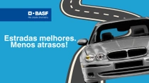A silver car driving on a road against a blue background. The text reads: "Better roads. Fewer delays! Discover more in our YouTube video."