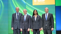 From left to right: Dr. Kurt Bock, Chairman of the Supervisory Board of BASF SE, Dr. Livio Tedeschi (Member of the Board of Executive Directors of BASF SE upon the conclusion of Annual Shareholders’ Meeting 2026), Dr. Mary Kurian (Member of the Board of Executive Directors of BASF SE upon the conclusion of Annual Shareholders’ Meeting 2026) and Dr. Markus Kamieth, Chairman of the Board of Executive Directors of BASF SE 
Photo: BASF SE