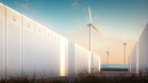 The concept of saving energy from renewable sources. 3d illustration of a modern battery system with a background of solar wind power plants in a warm evening light. The concept of saving energy from renewable sources. 3d illustration of a modern battery system with a background of solar wind power plants in a warm evening light.