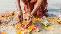Woman collecting flower waste from the sea. Woman collecting flower waste from the sea.