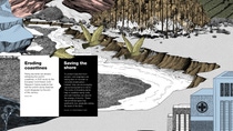 Infographic on eroding coastlines and what is being done to save the shore. There is a depiction of a shoreline bordering on a forest and cityscape with a couple of birds flying by.