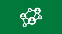 White icon showing connected people on a green background, representing collaboration, networks, and employee connections.