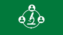 White icon showing a microscope surrounded by connected people on a green background, representing collaboration in research and partnerships with academic institutions.