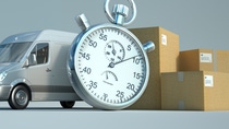 3D rendering of a van, a  stop watch with a pile of packages and a lot of copy space