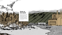 Infographic on pest infestations with a depiction of a factory in front of a mountain landscape next to a smoking fire behind the text overlay.