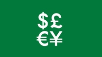 White icon showing currency symbols (dollar, pound, euro, yen) on a green background, representing salary, compensation, and financial benefits.