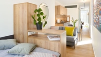 Vista interna della zona soggiorno in una minuscola casa Containerwerk, con armadi in legno leggero contemporaneo, due piccoli divani letto grigi e una zona cucina compatta, decorata con piante verdi, cuscini colorati, specchi e foto Vista interna della zona soggiorno in una minuscola casa Containerwerk, con armadi in legno leggero contemporaneo, due piccoli divani letto grigi e una zona cucina compatta, decorata con piante verdi, cuscini colorati, specchi e foto