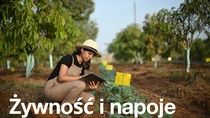 Rolniczka w kombinezonie i kapeluszu trzyma tablet i ogląda rośliny na polu w słoneczny dzień. Tekst na zdjęciu brzmi: „Żywność i napoje”.