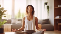 Healthy serene young woman meditating at home with eyes closed, relaxing body and mind sitting on floor in living room. Mental health and meditation for no stress. Generative Ai content Healthy serene young woman meditating at home with eyes closed, relaxing body and mind sitting on floor in living room. Mental health and meditation for no stress. Generative Ai content