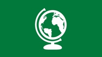 White globe icon on a green background, representing international experience, global mobility, and assignments abroad.