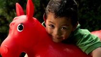 A young boy with a red plastic horse.