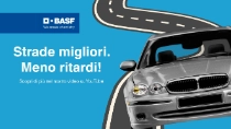 A silver car driving on a road against a blue background. The text reads: "Better roads. Fewer delays! Discover more in our YouTube video."