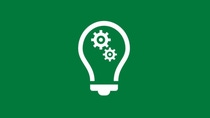 White lightbulb icon with two gears inside on a green background, representing innovation and ideas.