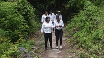 A group of women in white shirts walking through a rainforest.
