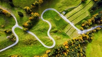 Luftaufnahme einer kurvenreichen Landstraße mit mehreren Autos in einer grünen, von Herbstbäumen umgebenen Landschaft.
