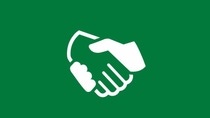 White handshake icon on a green background, representing partnership, mutual respect, and a commitment to diversity, equity, and inclusion.