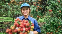 Smiling lady in a blue uniform and hat holding a bunch of red rambutan fruit 