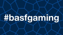 Grafik mit dem Hashtag '#basfgaming' in weißer Schrift auf dunkelblauem Hintergrund mit netzartigem Muster.