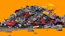 A large pile of crushed and dismantled vehicles in front of an orange background. An orange light swirl appears on the right.
