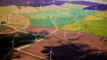 Aerial photo showing view of fields with windmills Aerial photo showing view of fields with windmills