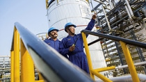 Bhoja Moolya (left) and Krishnamorthy (right), both technicians, carry out a routine safety inspection. The Mangalore site has been in operation since 1996 and is the largest BASF production site in India and South Asia. It is involved in the production of performance chemicals (leather and textile chemicals), dispersions, paper chemicals and automotive & coil coatings and targets India’s southern markets.
