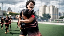 Two female soccer players celebrate their win Two female soccer players celebrate their win