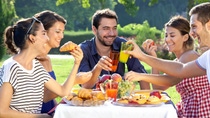Friends enjoying a relaxing picnic sitting together laughing and chatting at a table in a lush green park