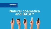Five hands holding up cosmetic products. Text reads: "Natural cosmetics and BASF?"