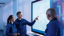 The modern control station in an intermediate products plant at the Ludwigshafen site is where all information relating to the plant comes together. Using numerous screens, the plant operators control and monitor the highly complex chemical processes. On the “Collaboration Board” (right), a large touchscreen in the center of the room, the employees call up all the important information at the same time and can thus work in an effective and concentrated manner. The employees also use the “Collaboration Board” for training, as the large, interactive screen is ideal for conveying learning contents. The plant for intermediate products is made up of 16 plant sections and manufactures a broad portfolio of around 50 intermediate products such as amines or diols. BASF customers need these products for applications including the production of coatings for the automotive industry, pharma or crop protection products. The modern control station in an intermediate products plant at the Ludwigshafen site is where all information relating to the plant comes together. Using numerous screens, the plant operators control and monitor the highly complex chemical processes. On the “Collaboration Board” (right), a large touchscreen in the center of the room, the employees call up all the important information at the same time and can thus work in an effective and concentrated manner. The employees also use the “Collaboration Board” for training, as the large, interactive screen is ideal for conveying learning contents. The plant for intermediate products is made up of 16 plant sections and manufactures a broad portfolio of around 50 intermediate products such as amines or diols. BASF customers need these products for applications including the production of coatings for the automotive industry, pharma or crop protection products.
