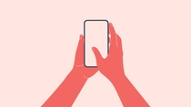 Human hands hold vertically mobile phone with blank screen. Females arm is touching smartphone display with thumb finger. Flat colorful cartoon vector illustration. Human hands hold vertically mobile phone with blank screen. Females arm is touching smartphone display with thumb finger. Flat colorful cartoon vector illustration.
